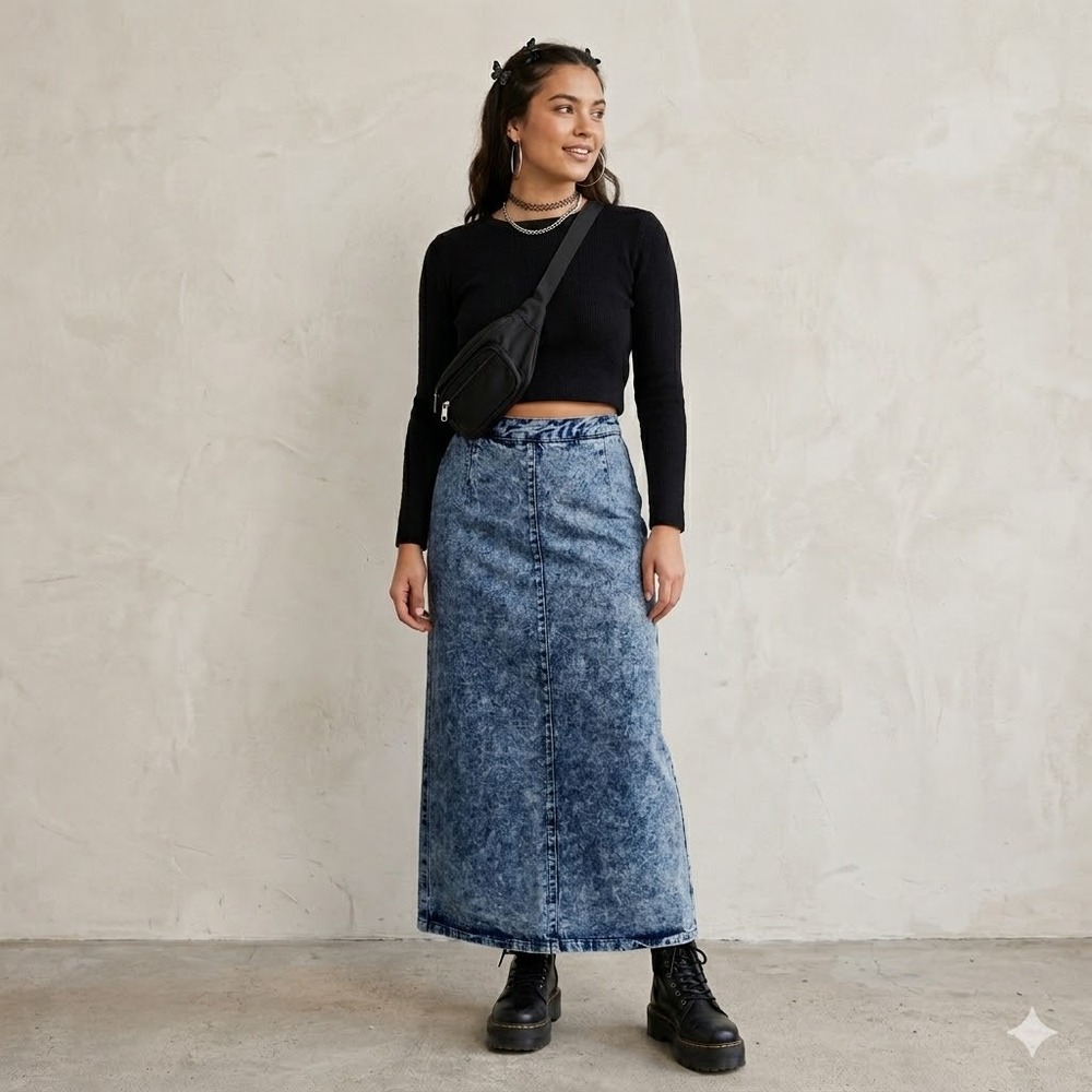 Diamond Denim & Leather Midi Skirt Womens Blue 11/12 Acid Wash High Waisted Slit